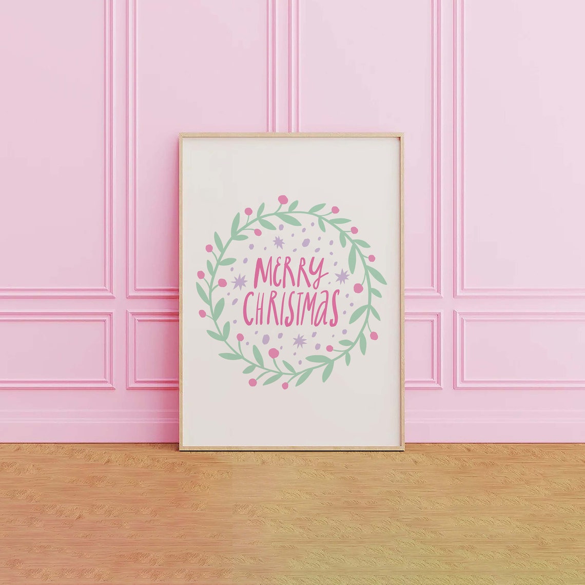 Merry Christmas Wreath Pink Berries Hand Lettered Holiday Poster - Image 2