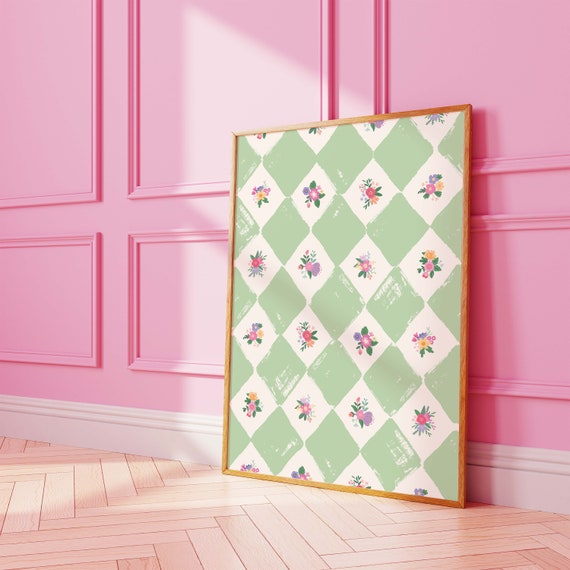 Vintage Floral Pattern Print Art Checker Wall Art Grandmillennial Floral Art Print Cute Trendy Wall Art
