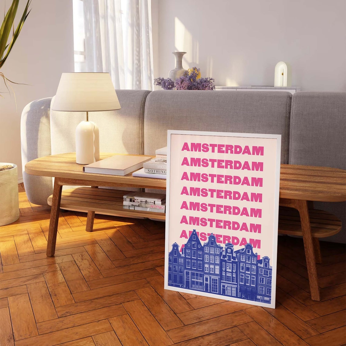 Amsterdam Repeated Pink Typography Blue Canal Houses Travel Poster - Image 2
