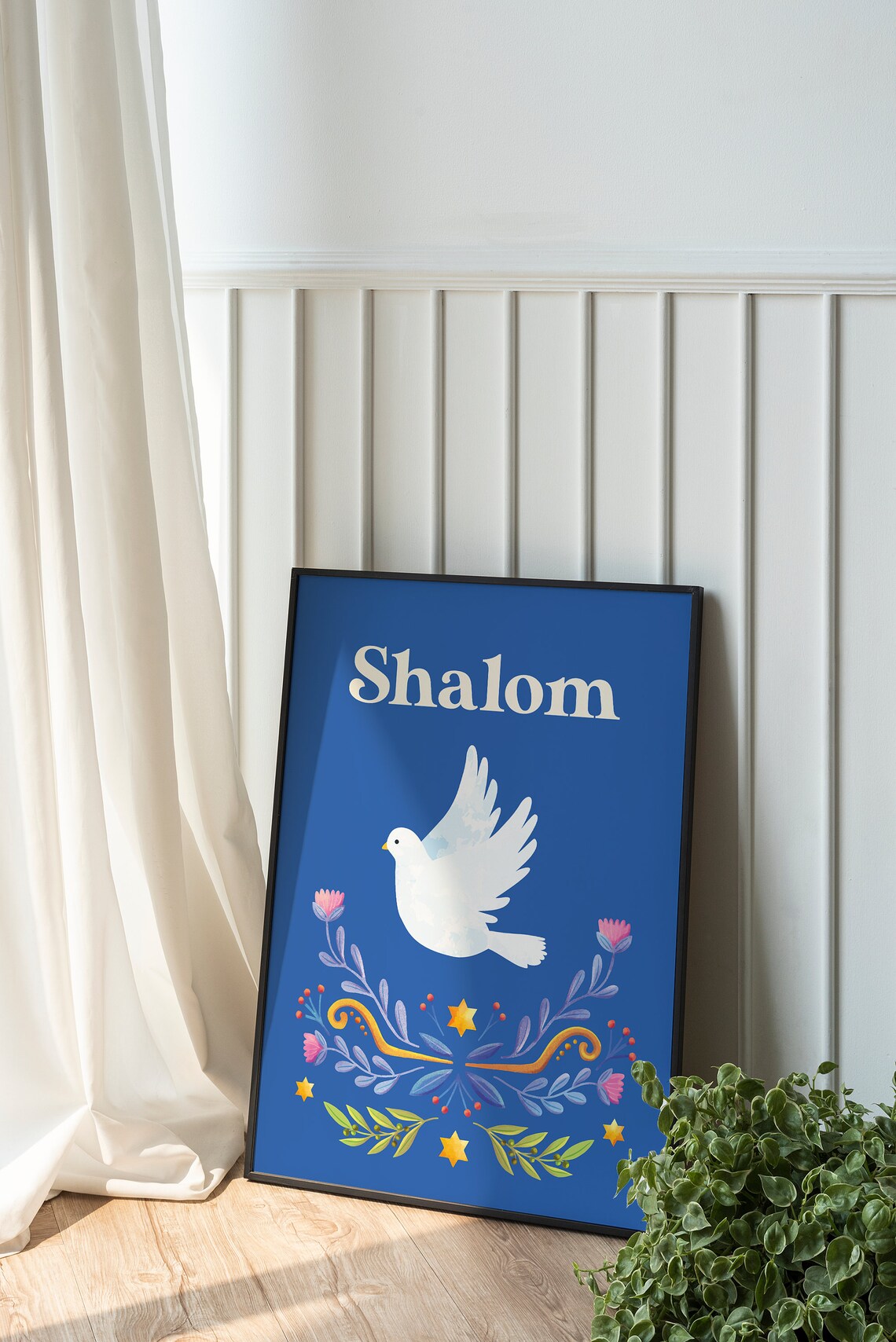 Shalom White Dove Blue Folk Art Peace Jewish Holiday Wall Poster - Image 4