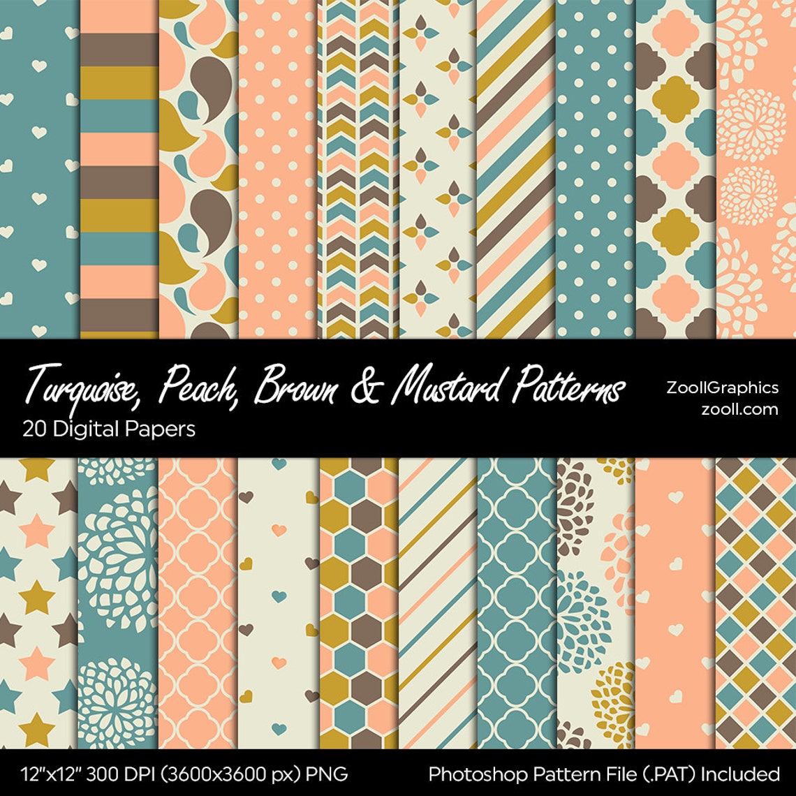 Turquoise Peach Brown Mustard 20 Seamless Digital Paper Patterns Print