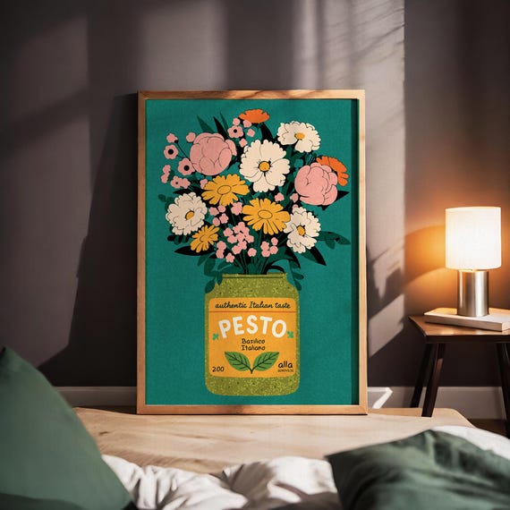 Pesto Jar Flower Print Retro Italian Kitchen Wall Art Colorful Floral Poster Vintage Food Illustration For Home Decor Playful