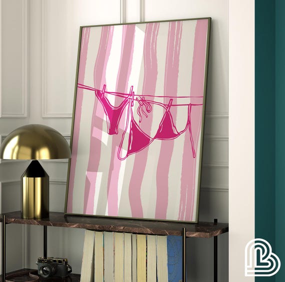Pink Bikini Watercolor Beachy Art Print, Coastal Cowgirl