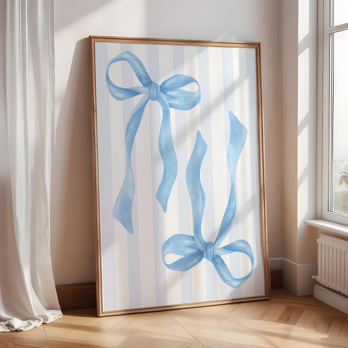Powder Blue Watercolor Ribbon Bows On Soft Striped Background Poster
