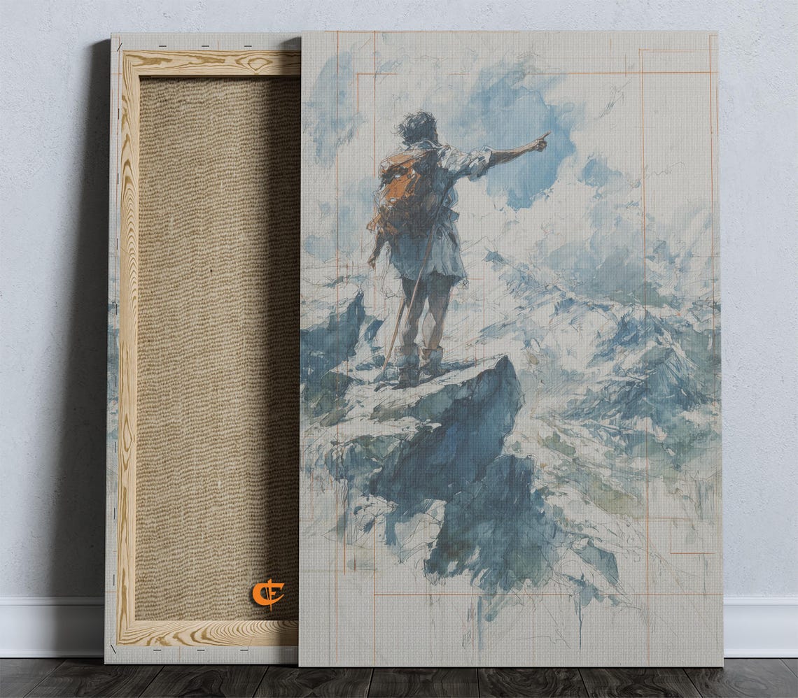 Adventurous Hiker on Snowy Mountain Peak Pointing Watercolor Poster