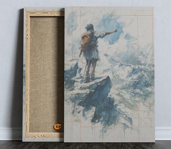 Mountain Hiker In Watercolor Expansive Landscape Art Adventurous Scene Wall Decor Rustic Nature Painting Print 846