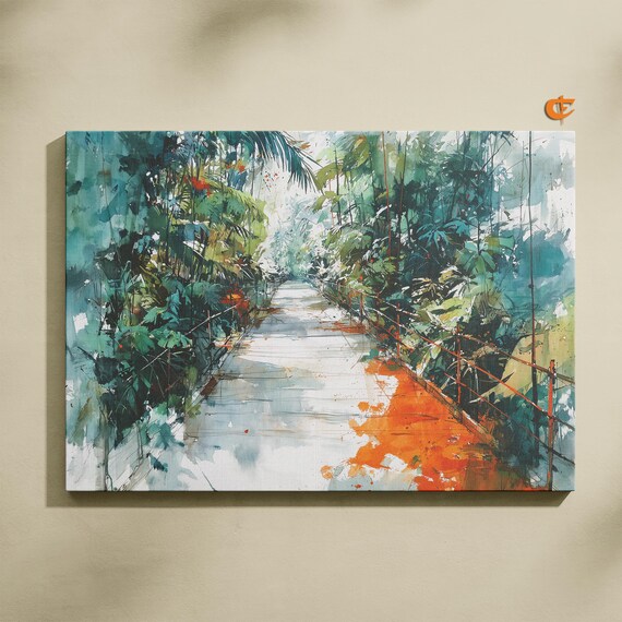 Serene Tropical Bamboo Forest Path Watercolor Walkway Poster