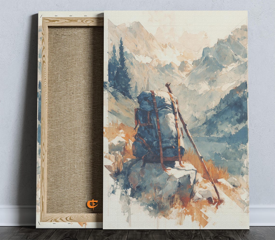 Rustic Mountain Backpack Scene Watercolor Art Print Tranquil Hiking Decor Earthy Landscape Painting Wall 830