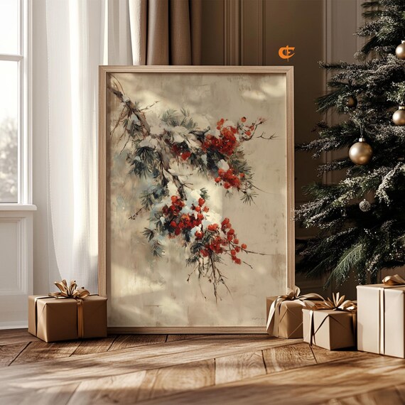 Snowy Pine Branch Red Berries Watercolor Winter Christmas Poster