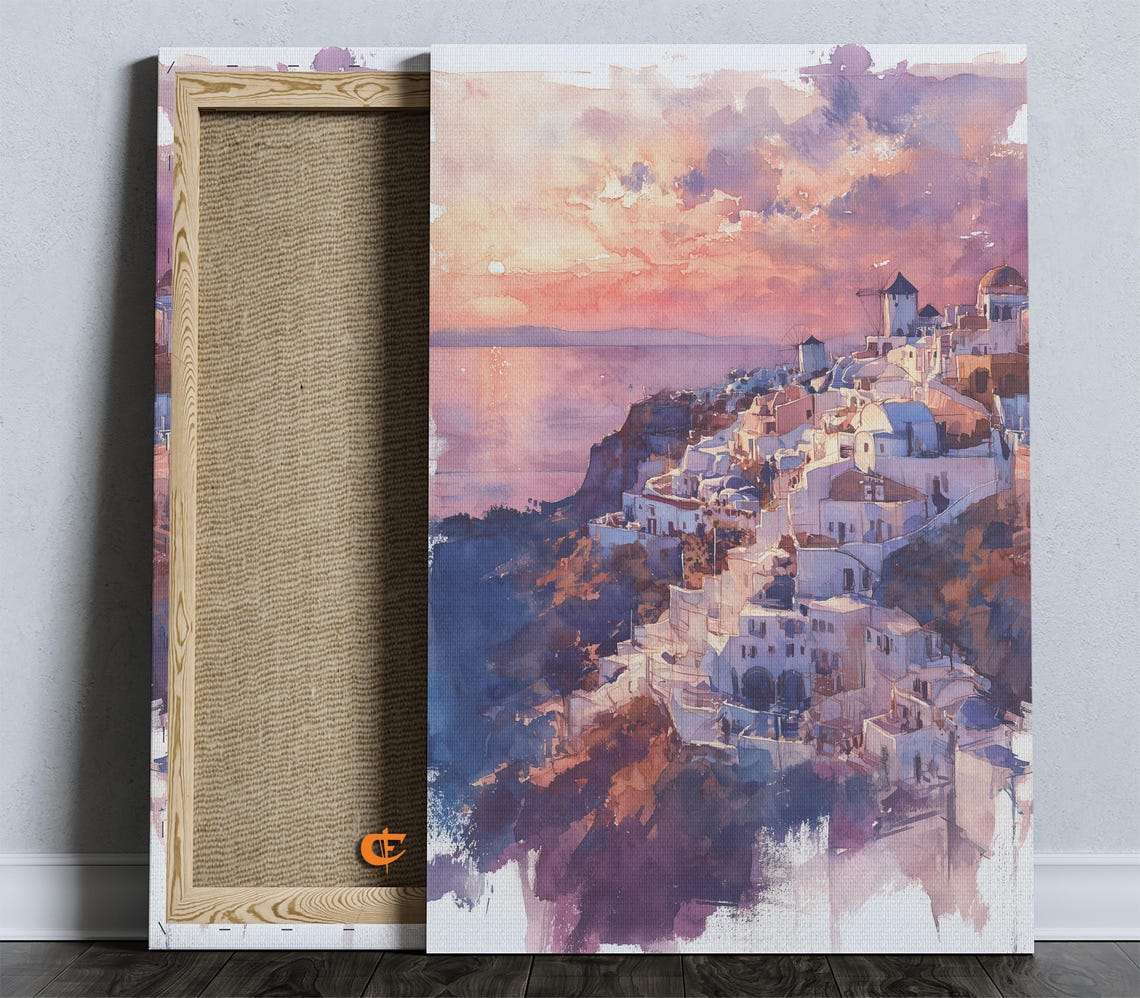 Santorini Sunset Watercolor Cliffside Village Sea View Poster