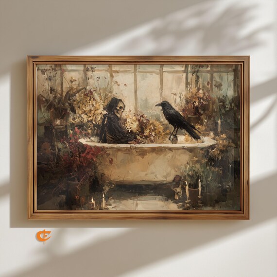Moody Skeleton Bath Scene Vintage Gothic Candlelit Wall Art Dark Decor Rustic Crow Painting Halloween Print 1916