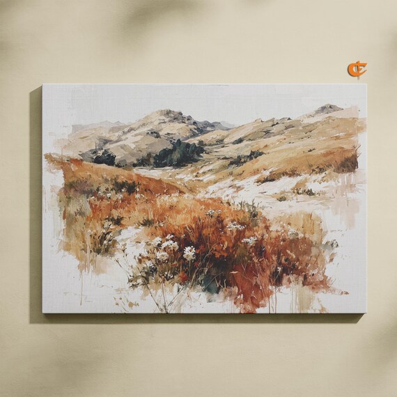 Rustic Watercolor Hills Landscape Autumn Scene With Wild Grass Moody Earthy Art Fall Wall Decor Farmhouse Painting 1199