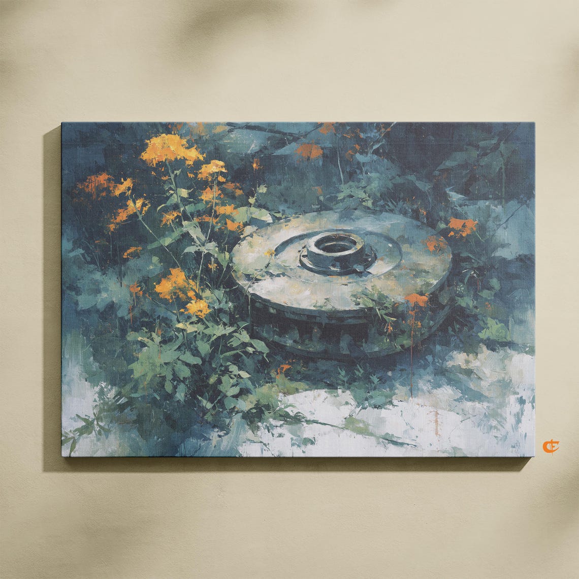Brake Disc Wildflowers Overgrown Industrial Rustic Vintage Poster