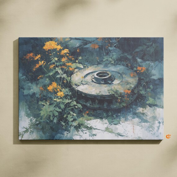 Rustic Conceptual Brake Disc Oil Painting Earthy Vintage Wall Art Industrial Decor Moody Nature Scene Print 728