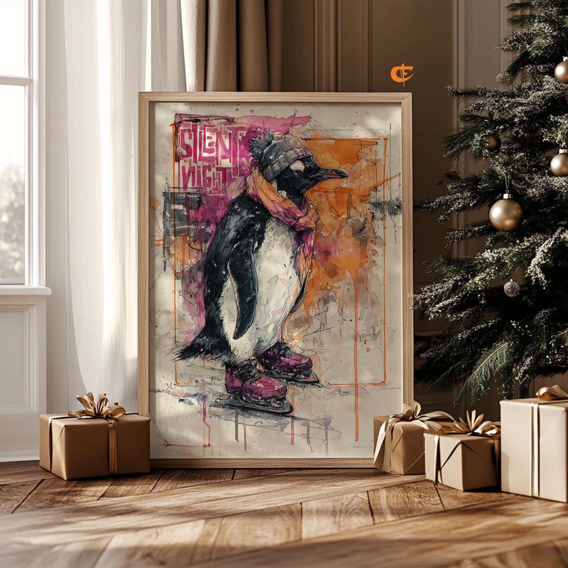 Silent Night Ice Skating Penguin Christmas Watercolor Poster