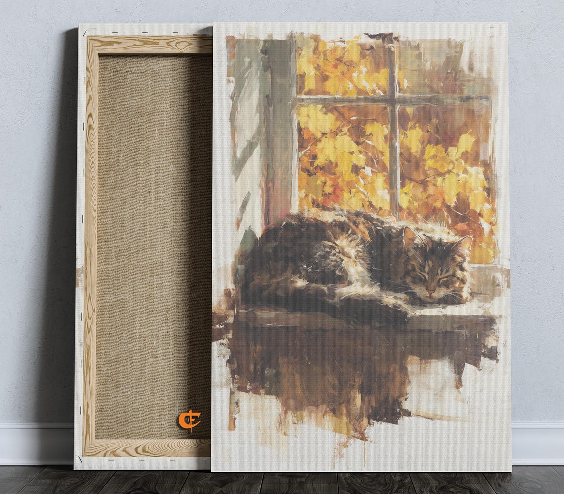 Vintage Black Cat In Autumn Landscape Rustic Fall Wall Art Cozy Earthy Decor Warm Tones Tabby Print 1766