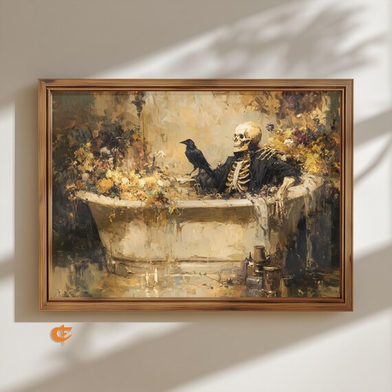 Vintage Gothic Skeleton Art Candlelit Bath Scene In Relaxation Moody Halloween Wall Decor Painting 1915