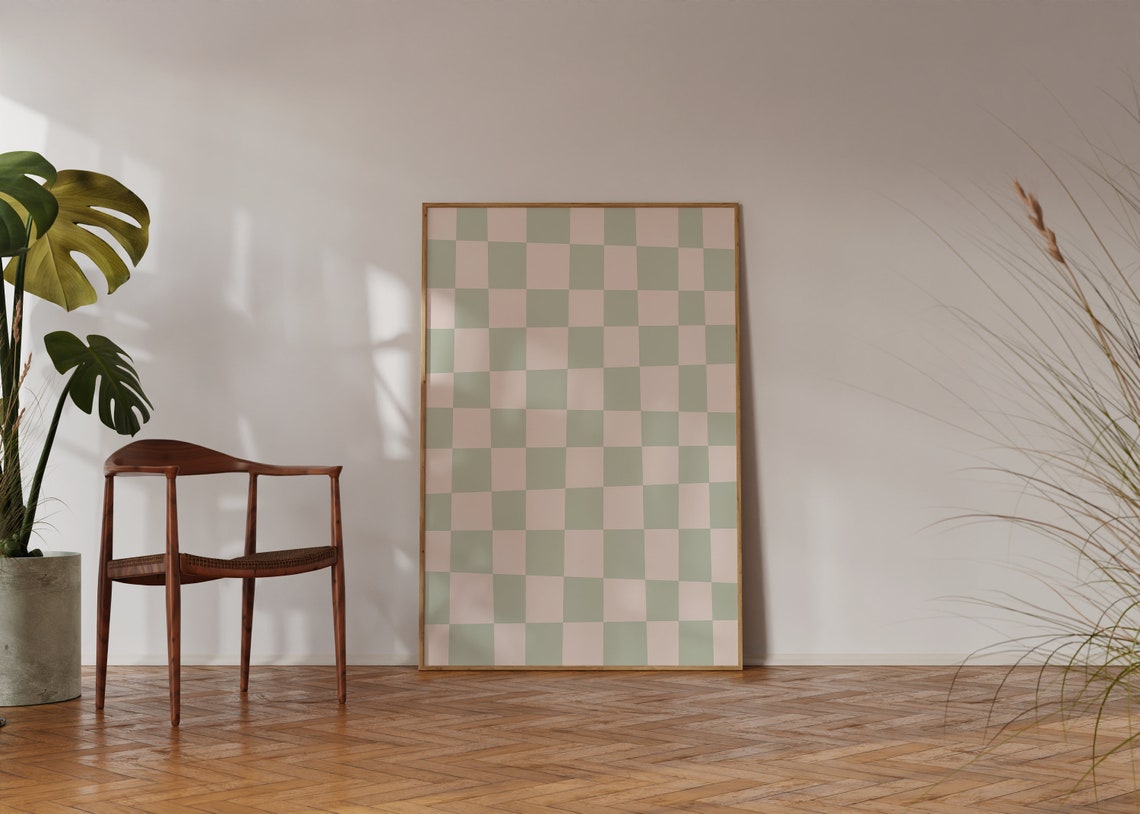 Sage Green Cream Checkerboard Calm Pastel Pattern Art Poster - Image 4