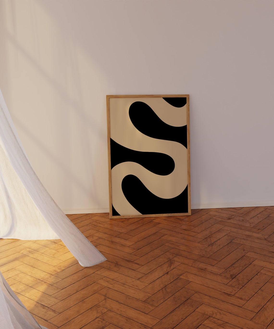 Black And Beige Wavy Curves Abstract Bold Minimalist Art Poster - Image 2