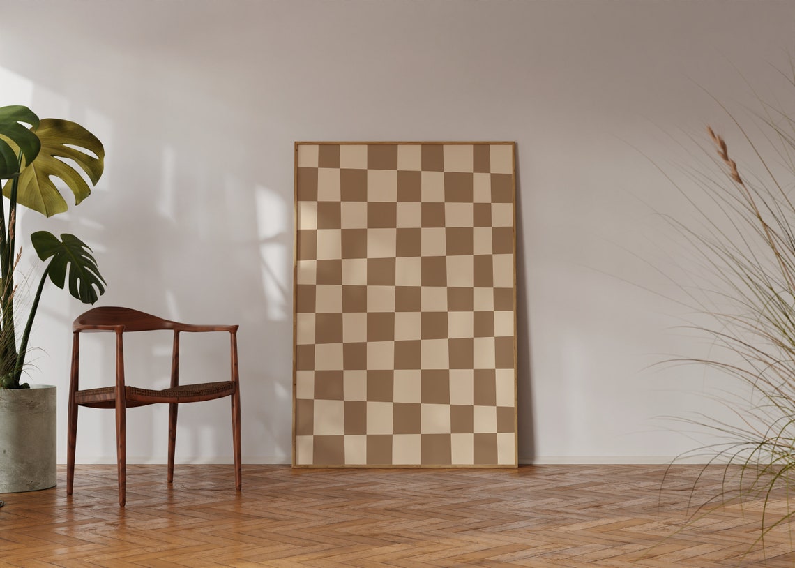 Caramel White Checkerboard Cozy Warm Neutral Retro Art Poster - Image 3