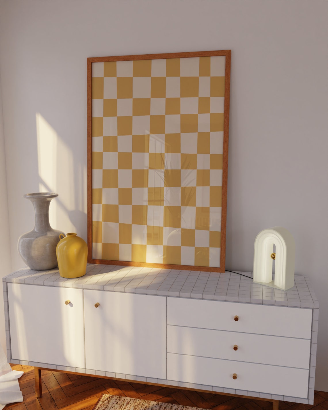 Mustard Yellow White Checkerboard Bright Retro Pattern Poster - Image 3