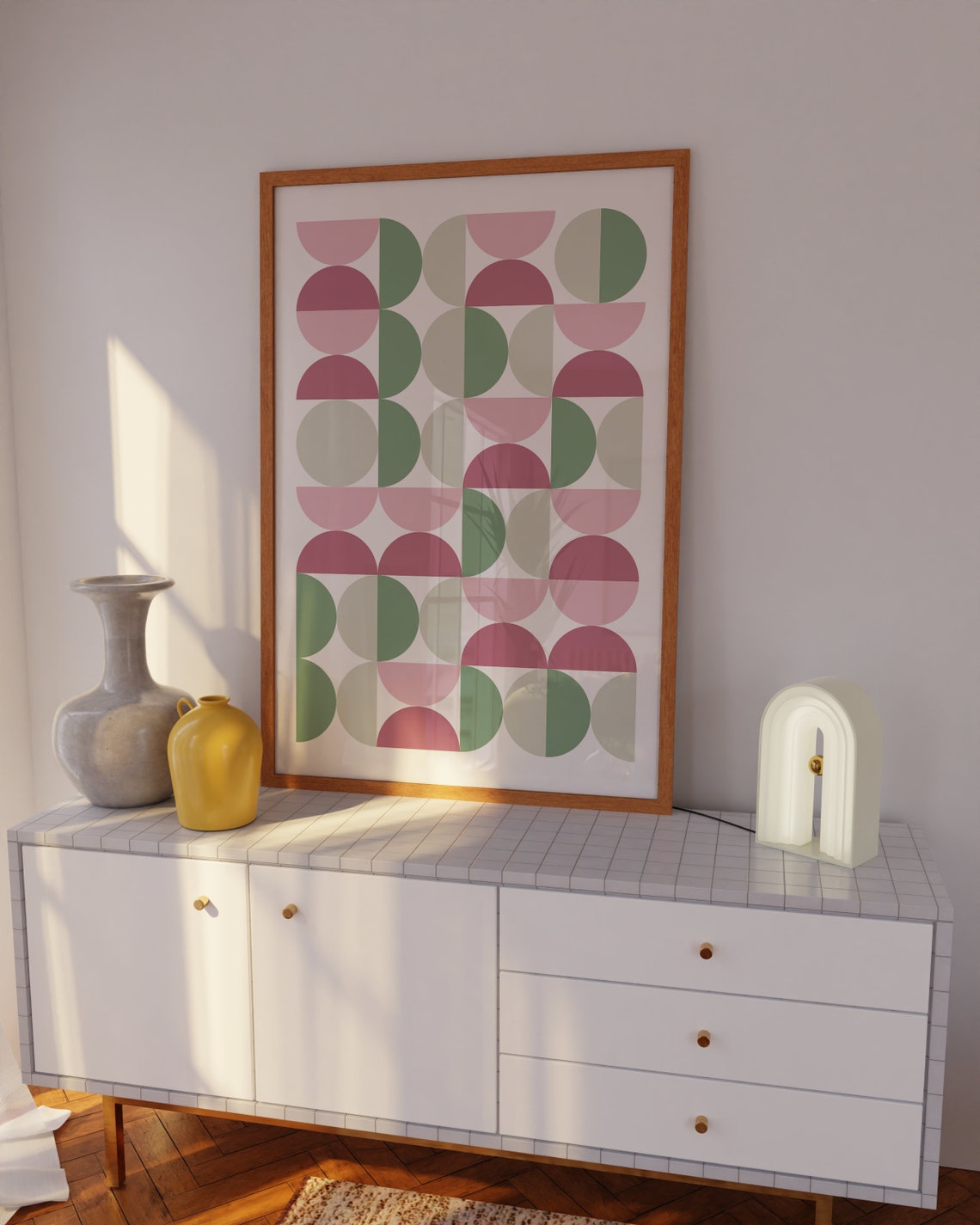 Pink and Green Semicircle Grid Bauhaus Geometric Abstract Poster - Image 4