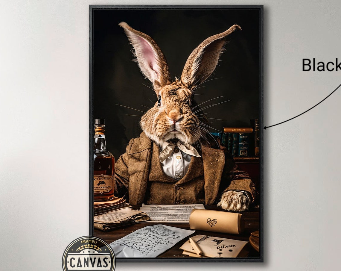 Victorian Rabbit Gentleman At Desk Whiskey Quirky Vintage Art Poster