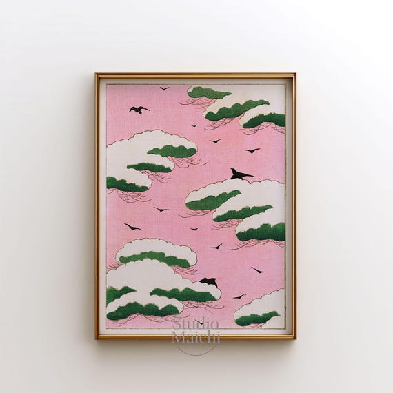 Light Pink Sky Print Watanabe Seitei Japanese Art Japandi Wall Art Sage Green Prints Retro Art Vintage Wall Art Art