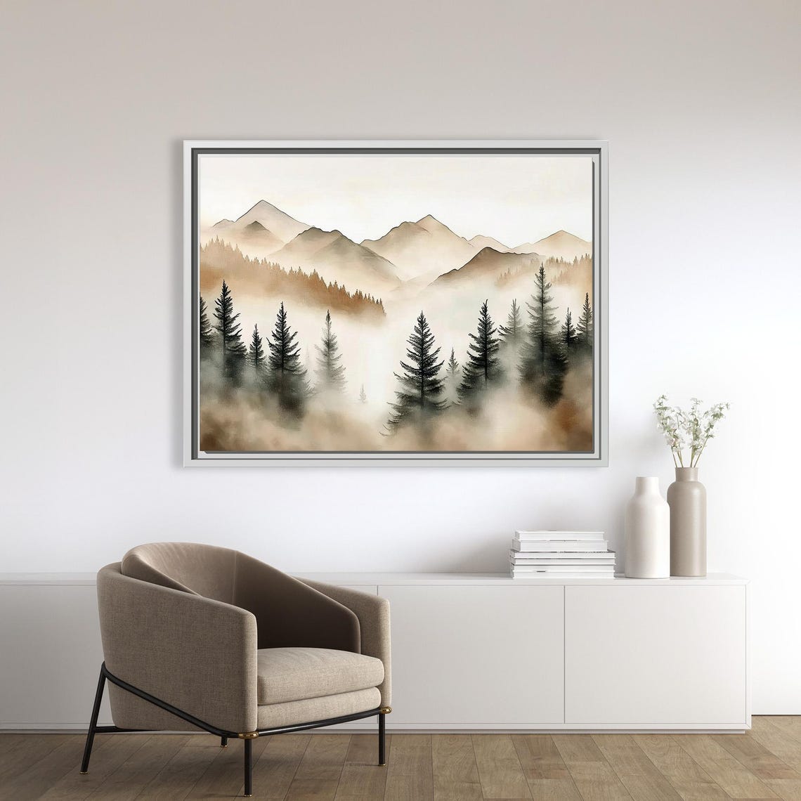 Misty Mountain and Pine Forest Beige Watercolor Landscape Art Poster - Image 2