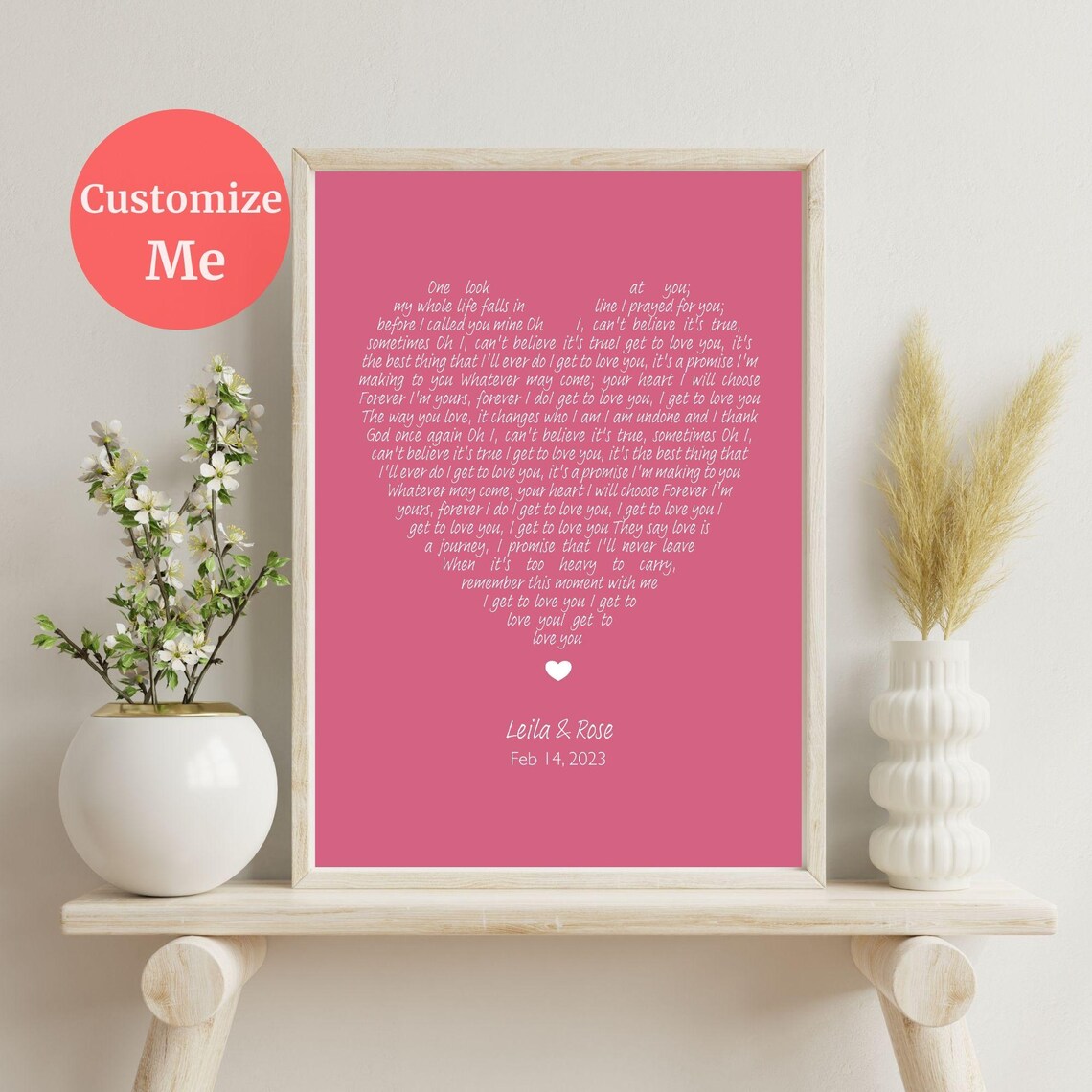 Personalized Heart Shaped Lyric Song Pink Anniversary Gift Poster