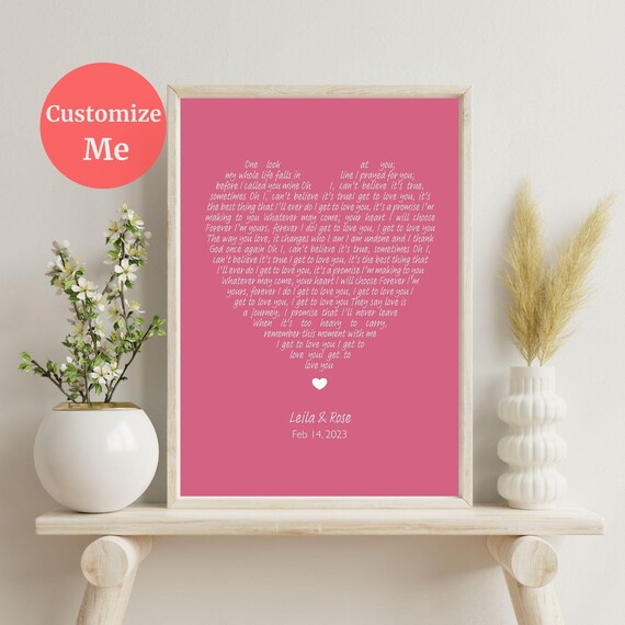 Personalized Heart Shaped Lyric Song Pink Anniversary Gift Poster