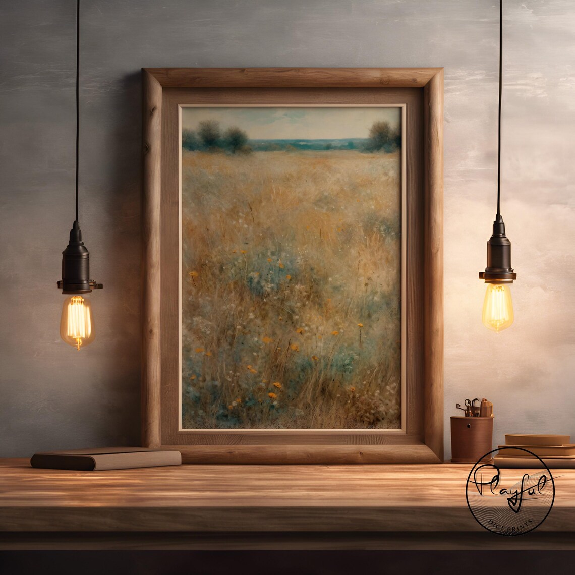 Moody Wildflower Meadow Field Painting Golden Moody Landscape Wall Art - Image 4