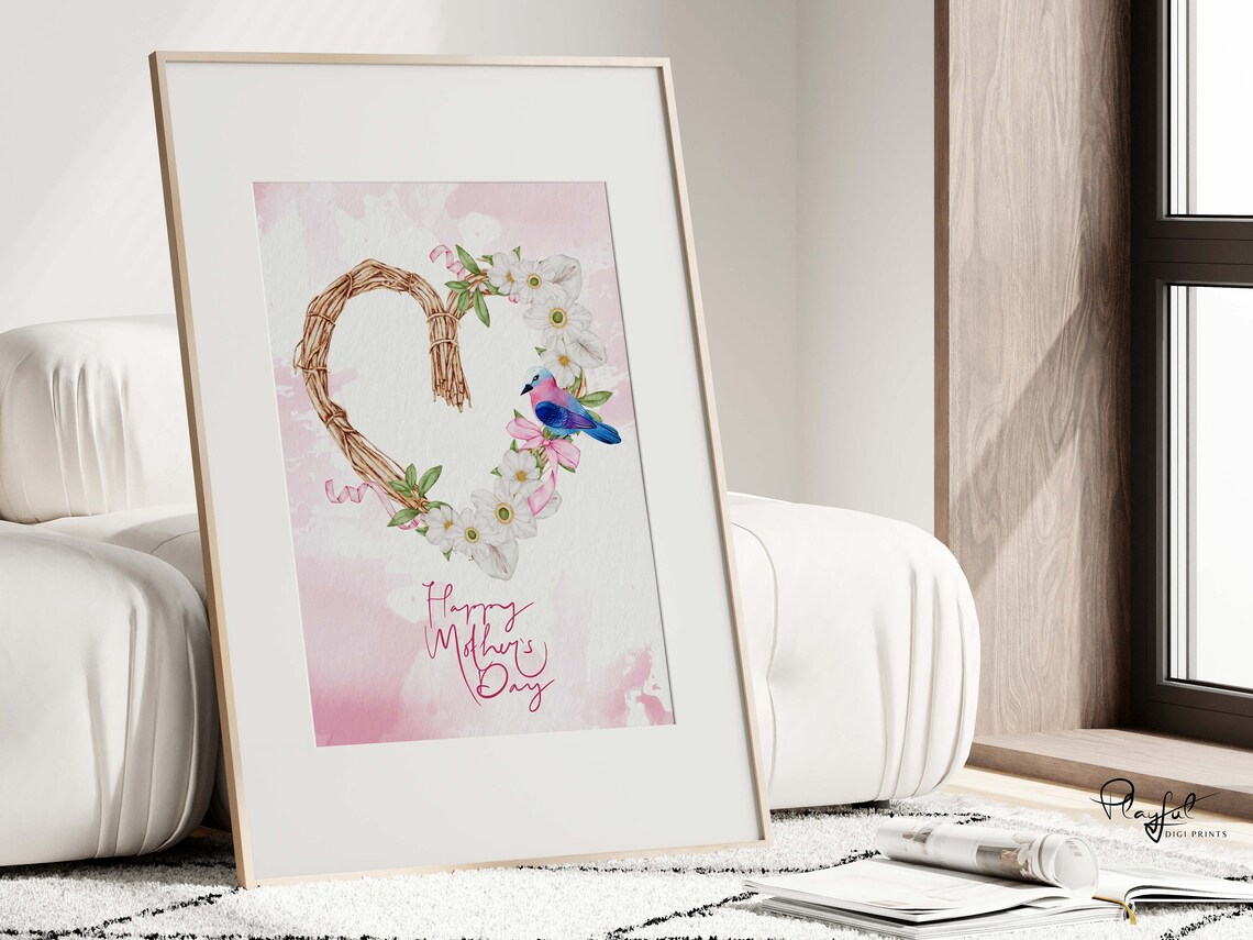 Happy Mothers Day Rattan Heart Wreath Bird Floral Watercolor Poster - Image 5