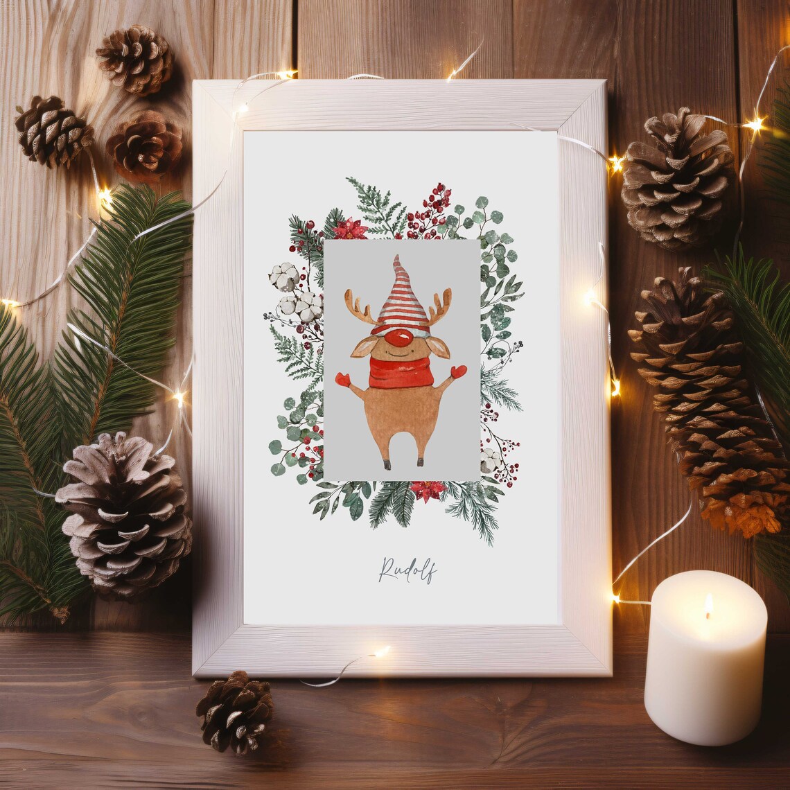 Rudolf Cute Watercolor Reindeer Christmas Festive Holiday Art Print - Image 2