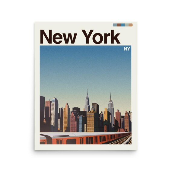 New York Manhattan Skyline Chrysler Building Subway Train Retro Travel Poster
