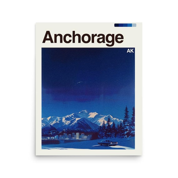 Anchorage Alaska Snowy Night Mountains City Skyline Travel Poster