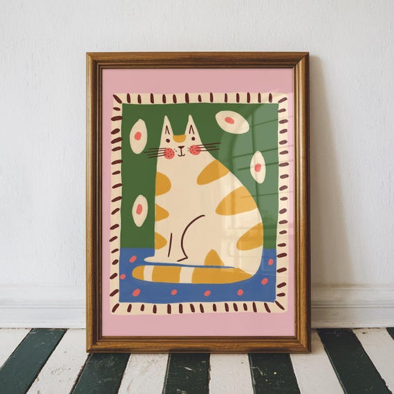Retro Whimsical Cat Art Print Lover Gift Nursery Decor Colorful Home Animal Unframed