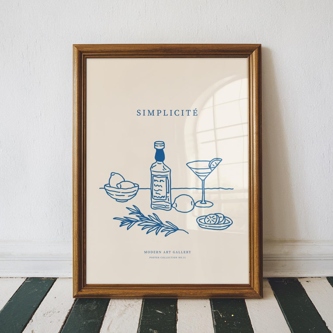Simplicite French Bar Cocktail Line Art Blue Kitchen Bar Poster