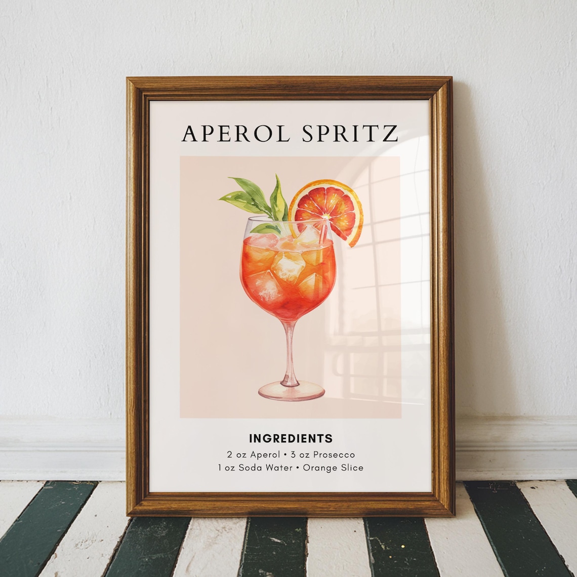 Aperol Spritz Cocktail Recipe Watercolor Orange Bar Cart Wall Poster