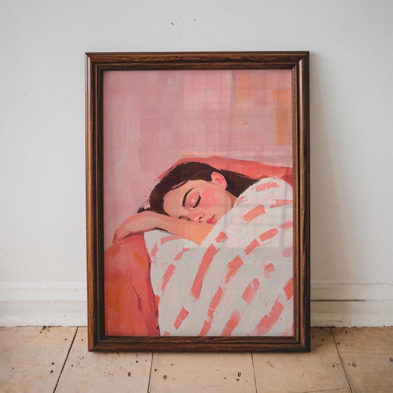 Pink Contemporary Wall Art Print Woman Napping On Couch Abstract Painting Minimalist Living Room