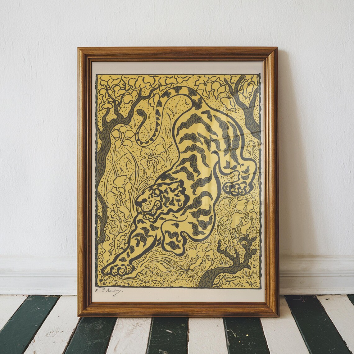 Tiger Art Nouveau Gold Black Woodblock Stylized Jungle Big Cat Poster