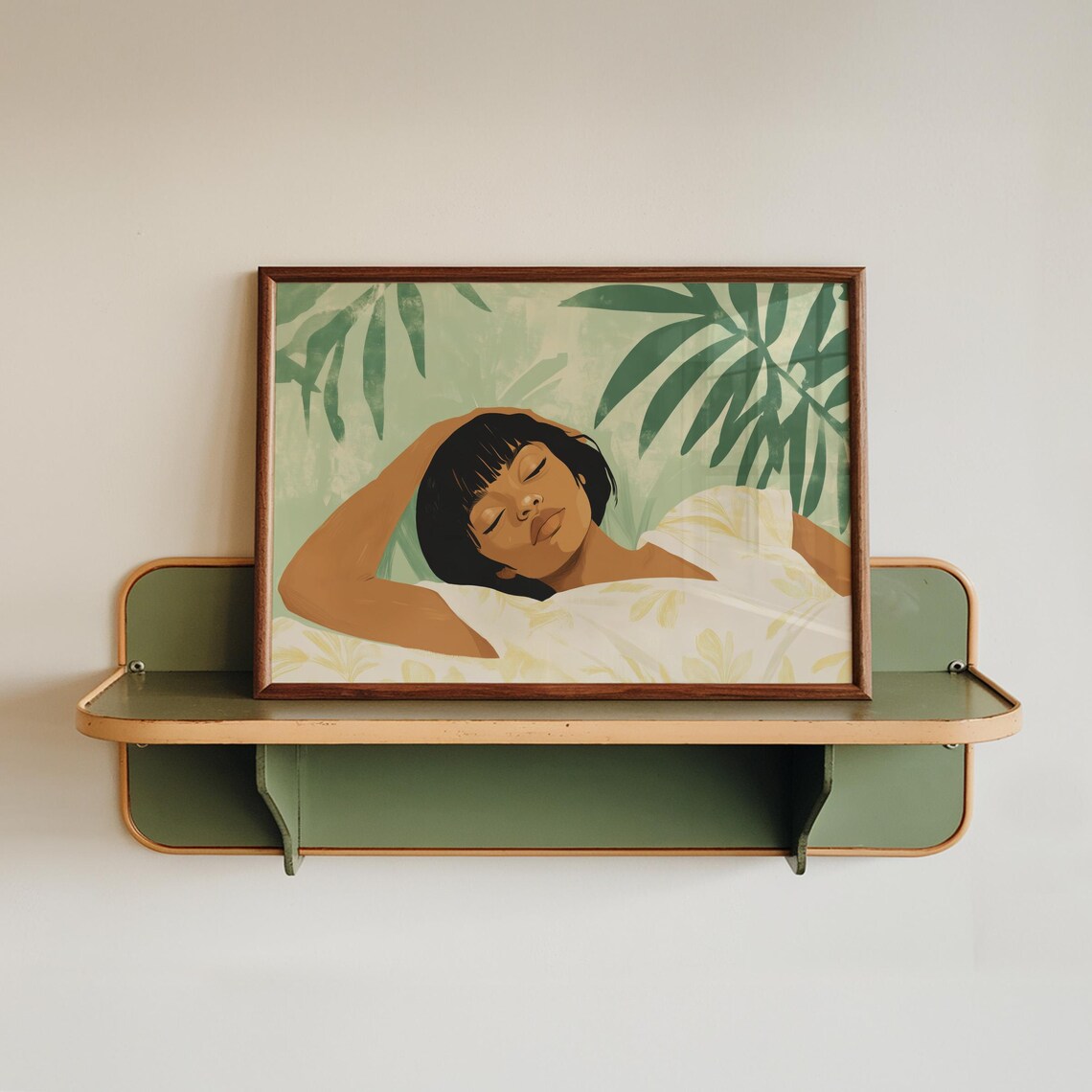 Woman Napping On Couch Among Green Palm Leaves Illustration Poster