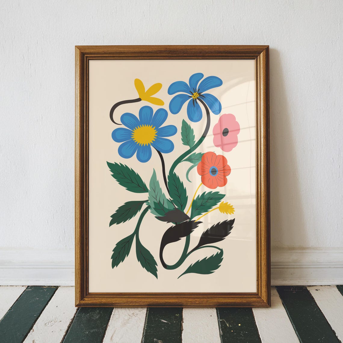 Folk Art Floral Bouquet Blue Daisies Coral Vintage Botanical Poster