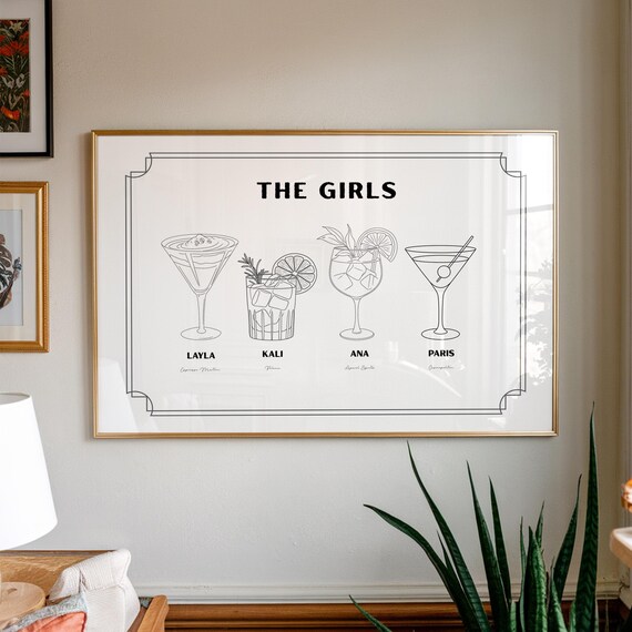 The Girls Cocktail Line Art Roommates Drink Names Minimalist Poster