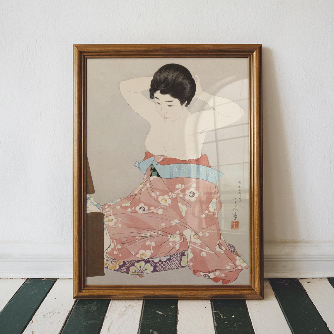 Torii Kotondo Woman Before a Mirror Japanese Woodblock Art Poster