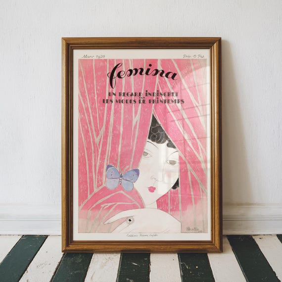 French Magazine Cover Print Fashion Illustration Vintage Art Femina Unique Wall Antique