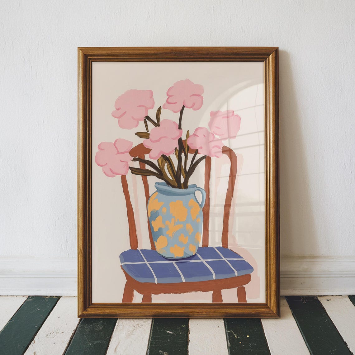 Pink Carnations in Patterned Vase on Chair Watercolor Poster