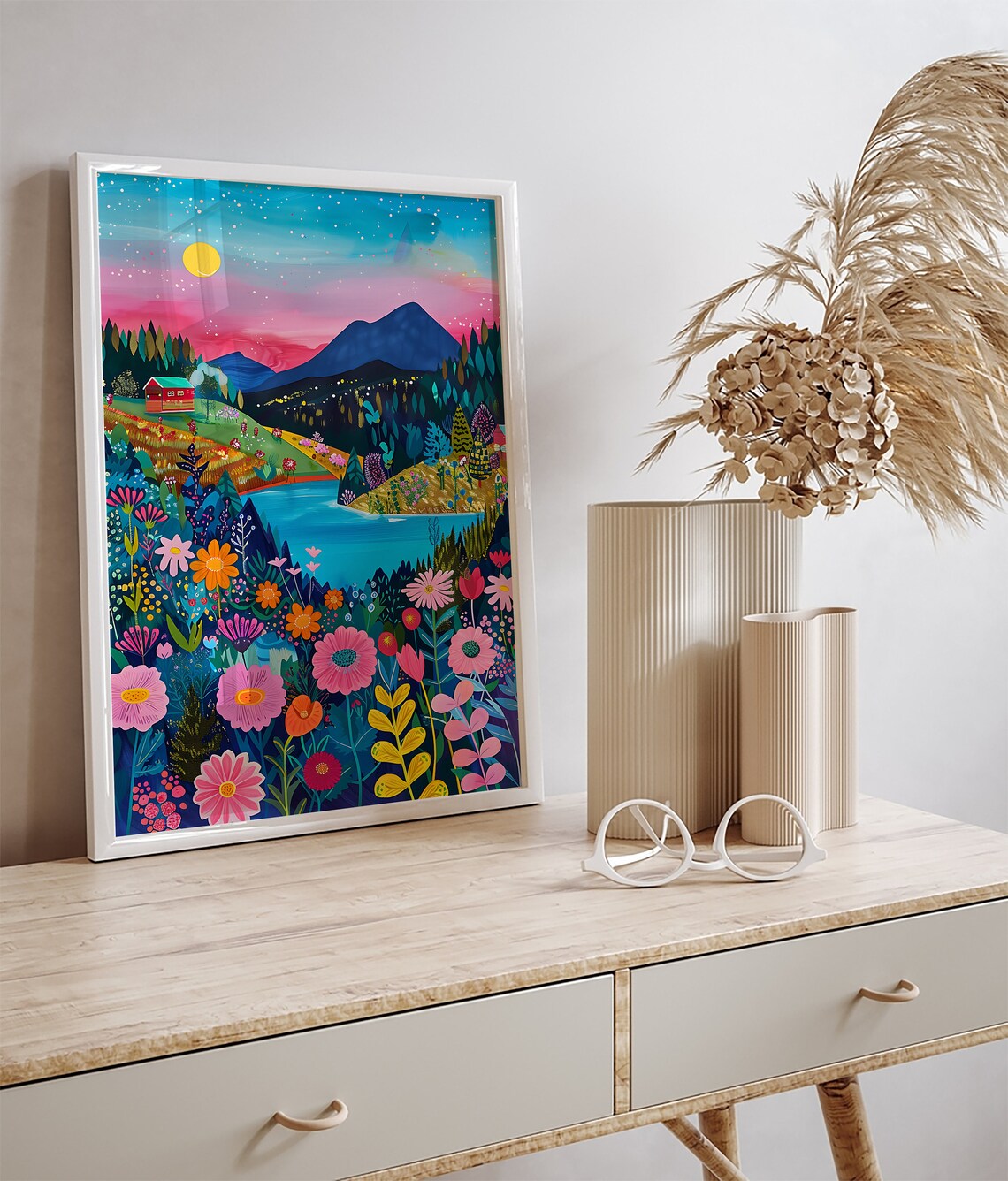 Pink Sunset Mountain Lake Meadow Colorful Floral Valley Art Poster - Image 2