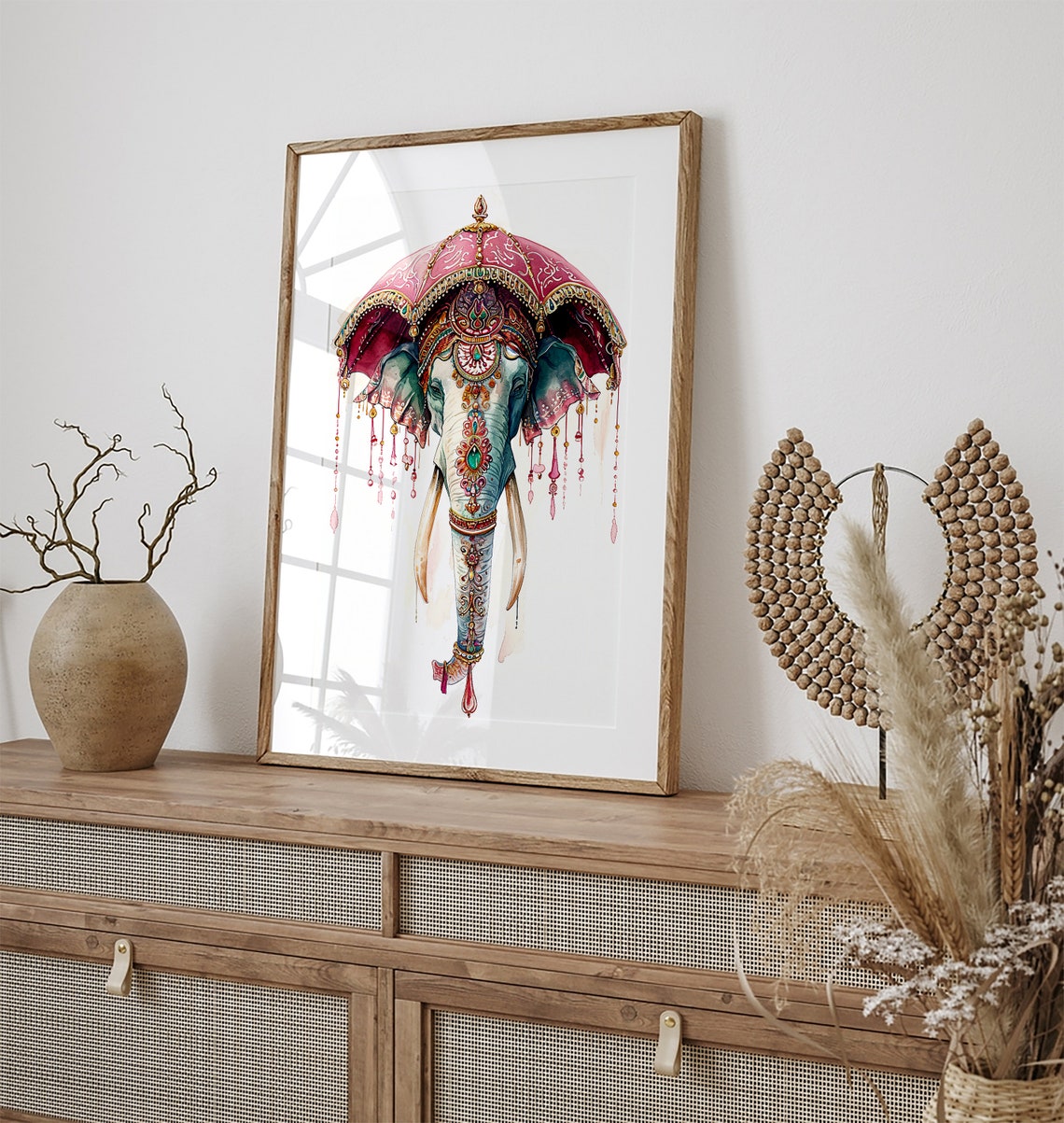 White Temple Elephant With a Pink Ceremonial Umbrella Art Poster - Image 3