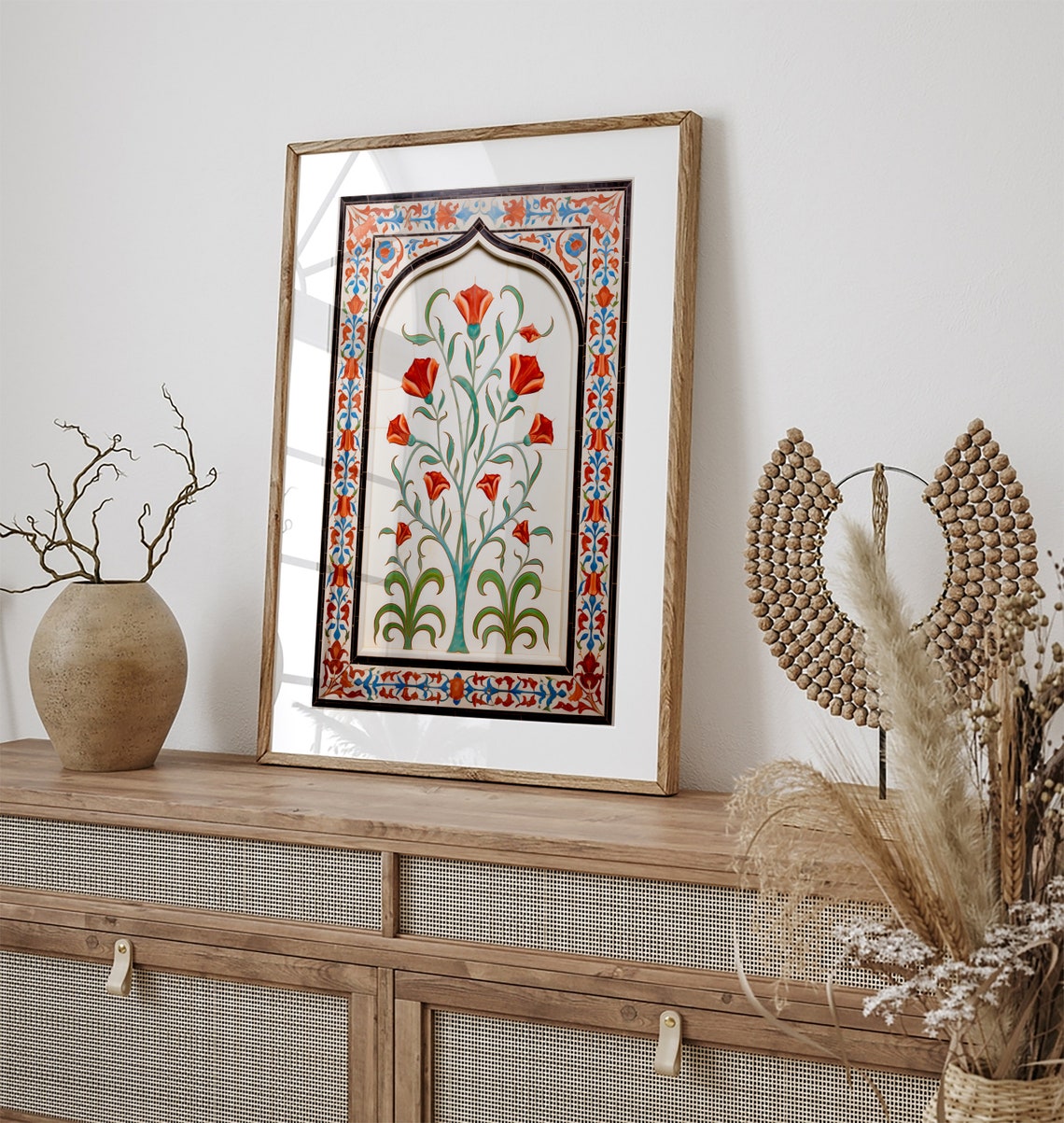 Mughal Floral Inlay Panel Red Tulips Arched Vintage Art Poster - Image 3
